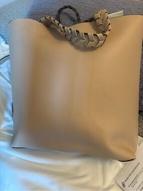 Jules Kae Women’s vegan Braided Handle Tote Bag in light pink 14”x5”x13-1/2”